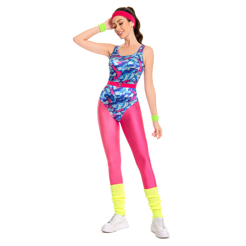 Déguisement Aérobic Femme 80s Hippie Disco Sportwear Ensemble 6 Pièces