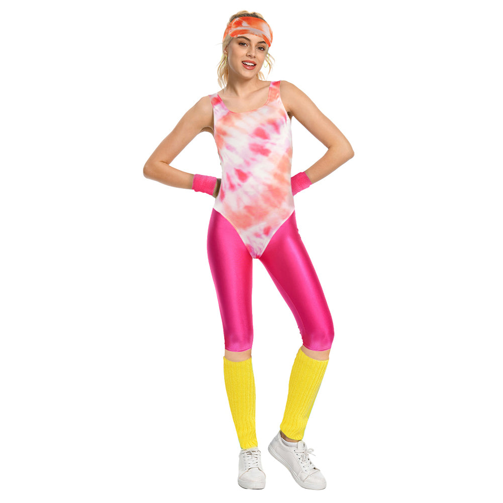 Déguisement Aérobic Femme 80s Hippie Disco Sportwear Ensemble 6 Pièces