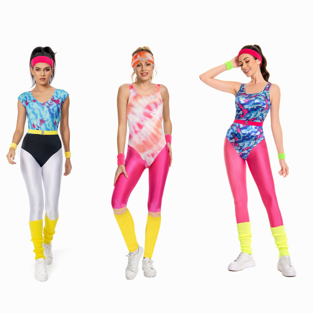 Déguisement Aérobic Femme 80s Hippie Disco Sportwear Ensemble 6 Pièces