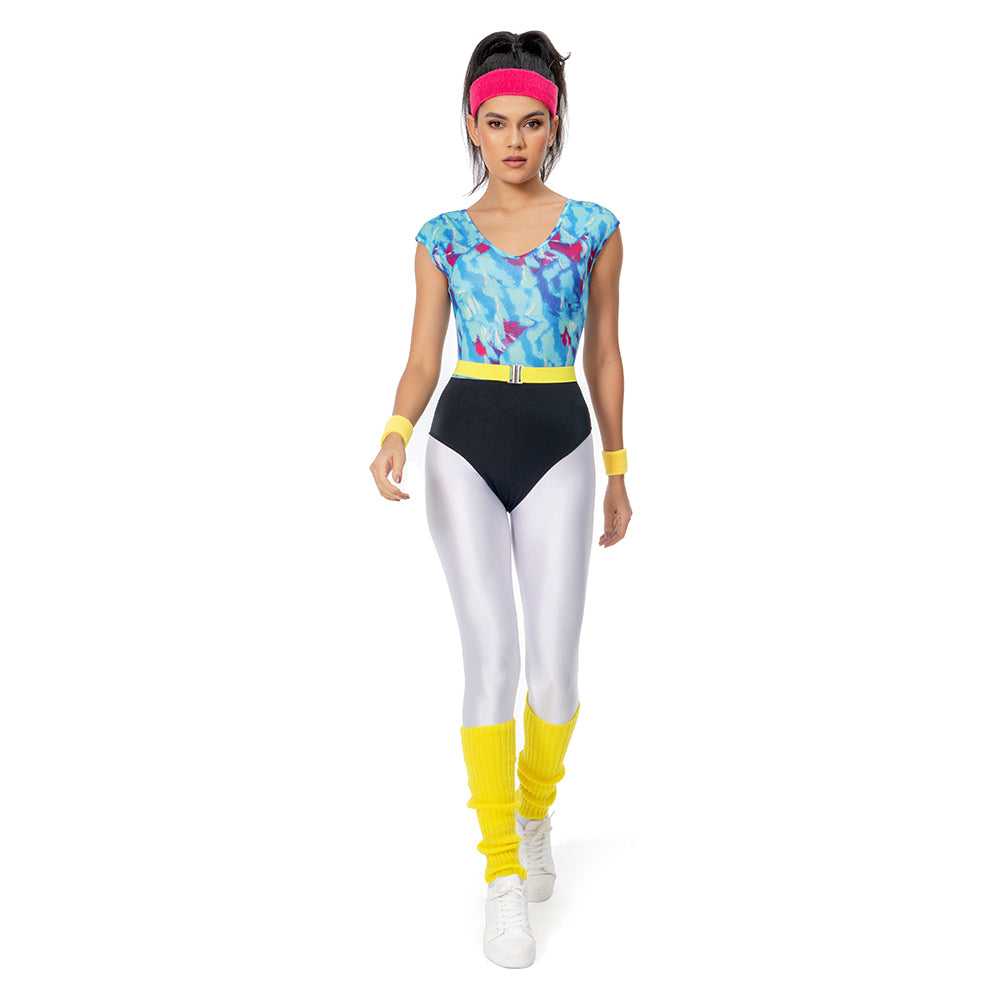 Déguisement Aérobic Femme 80s Hippie Disco Sportwear Ensemble 6 Pièces