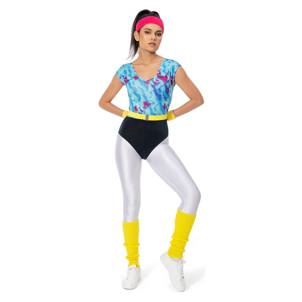 Déguisement Aérobic Femme 80s Hippie Disco Sportwear Ensemble 6 Pièces