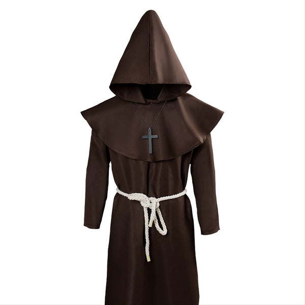 Déguisement Moine Adulte – Robe De Prêtre Médiévale Avec Capuche, Ceinture Ficelle & Croix – Costume Halloween, Carnaval, Cosplay Renaissance