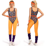 Déguisement Femme 1980s Aérobic Tenue de Sport Orange Ensemble 6 Pièces