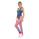 Déguisement Femme 1980s Aérobic Tenue de Sport Bleu-rose Ensemble 6 Pièces