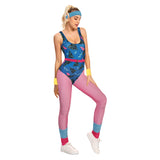 Déguisement Femme 1980s Aérobic Tenue de Sport Bleu-rose Ensemble 6 Pièces