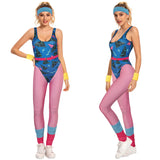 Déguisement Femme 1980s Aérobic Tenue de Sport Bleu-rose Ensemble 6 Pièces