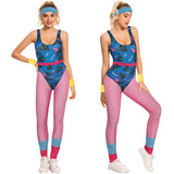 Déguisement Femme 1980s Aérobic Tenue de Sport Bleu-rose Ensemble 6 Pièces