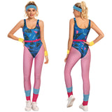 Déguisement Femme 1980s Aérobic Tenue de Sport Bleu-rose Ensemble 6 Pièces