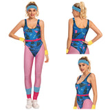 Déguisement Femme 1980s Aérobic Tenue de Sport Bleu-rose Ensemble 6 Pièces