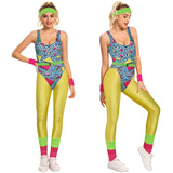 Déguisement Femme 1980s Aérobic Tenue de Sport Jaune Ensemble 6 Pièces