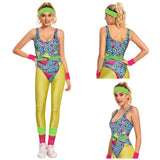 Déguisement Femme 1980s Aérobic Tenue de Sport Jaune Ensemble 6 Pièces