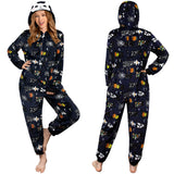 Déguisement Adulte PilouPilou Pyjama Noir Squelette Imprimée Costume d'Halloween