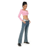 Déguisement Femme Y2K Haut Crop Top à Manches Longues Costume Rose