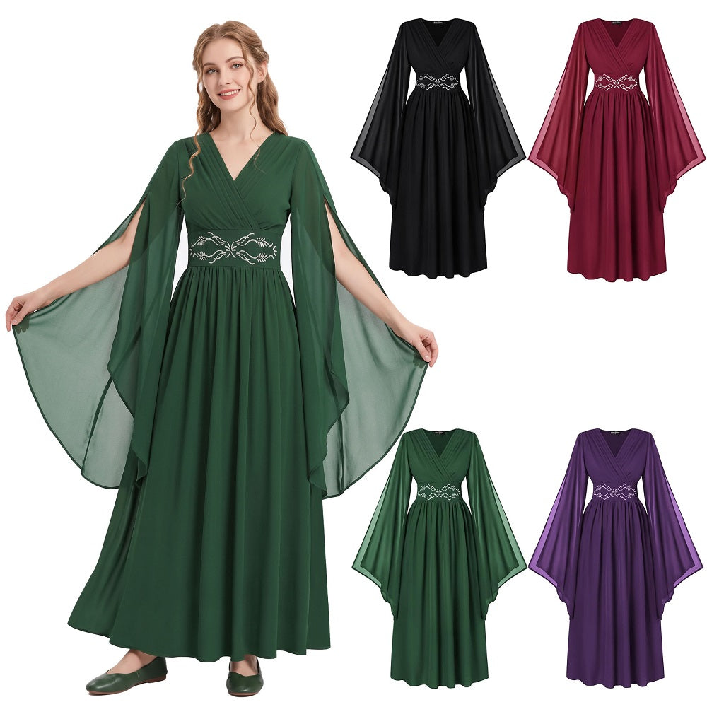 Déguisement Femme Robe à Manches Évasées Verte/Rouge/NoireViolette Vintage Style Renaissance pour Carnaval