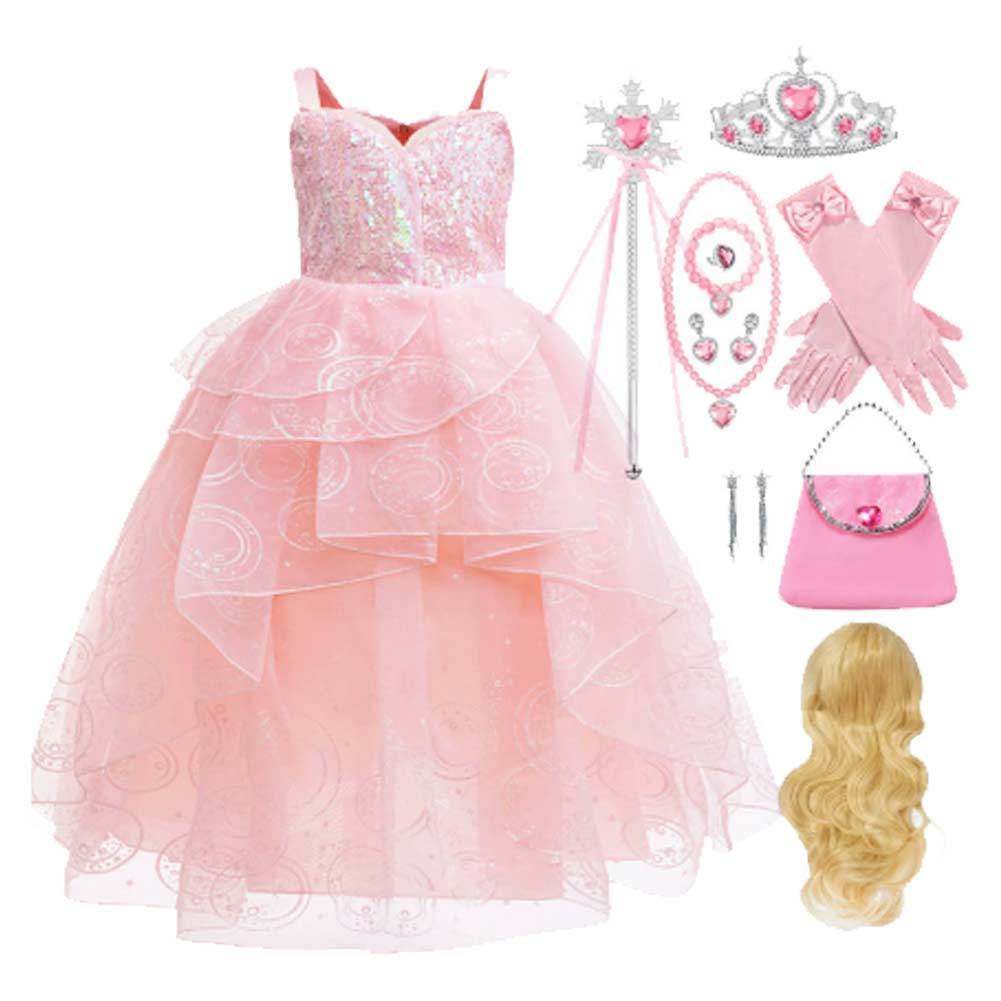 Déguisement Fille Wicked Glinda Robe en Tulle à Bretelles Costume Rose