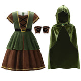 Déguisement Femme Archer Médiéval Robe+Cape Costume Vert pour Halloween