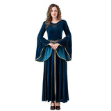 Déguisement Femme Robe Longue à Manches Cloche Renaissance Médiévale Costume Bleu