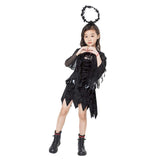 Déguisement Fille Ange Noir Sorcière Robe+Ailes+Coiffe pour Halloween Carnaval