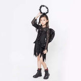 Déguisement Fille Ange Noir Sorcière Robe+Ailes+Coiffe pour Halloween Carnaval