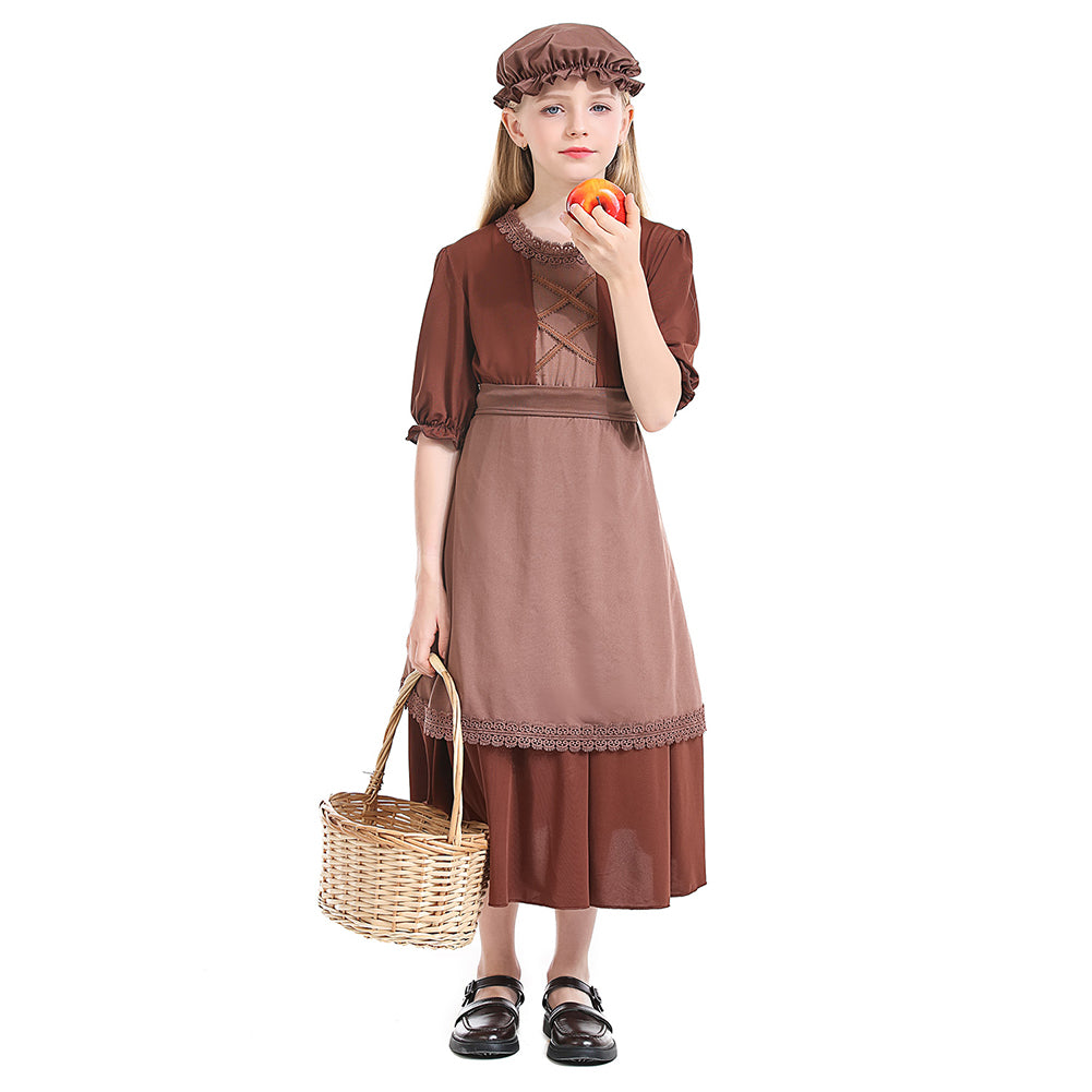 Costume Bambina Epoca Coloniale Americana – Abito Lungo Con Grembiule E Cappello – Taglia Grande - 3