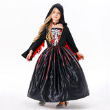 Déguisement Fille Sorcière Robe Noire Squelette Imprimé Costume d'Halloween