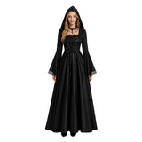 Déguisement Robe Longue à Capuche de Sorcière Rétro Médiévale Noire Femme
