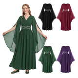 Déguisement Robe Vintage Médiévale Brodée à Col en V et Manches Cloche Femme