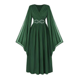 Déguisement Robe Vintage Médiévale Brodée à Col en V et Manches Cloche Femme