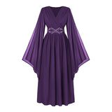 Déguisement Robe Vintage Médiévale Brodée à Col en V et Manches Cloche Femme