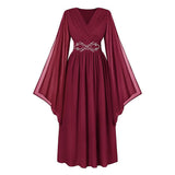 Déguisement Robe Vintage Médiévale Brodée à Col en V et Manches Cloche Femme
