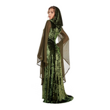 Déguisement Robe Longue à Capuche Vintage Vert pour Halloween Carnaval