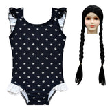 Déguisement Enfant Fille Wednesday Addams Maillot de Bain+Perruque Costume