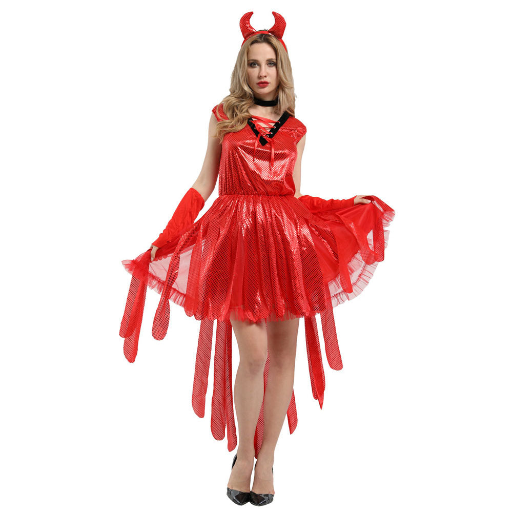 Déguisement Devil Cosplay Costume Robe Rouge Bandeau Carnaval Halloween