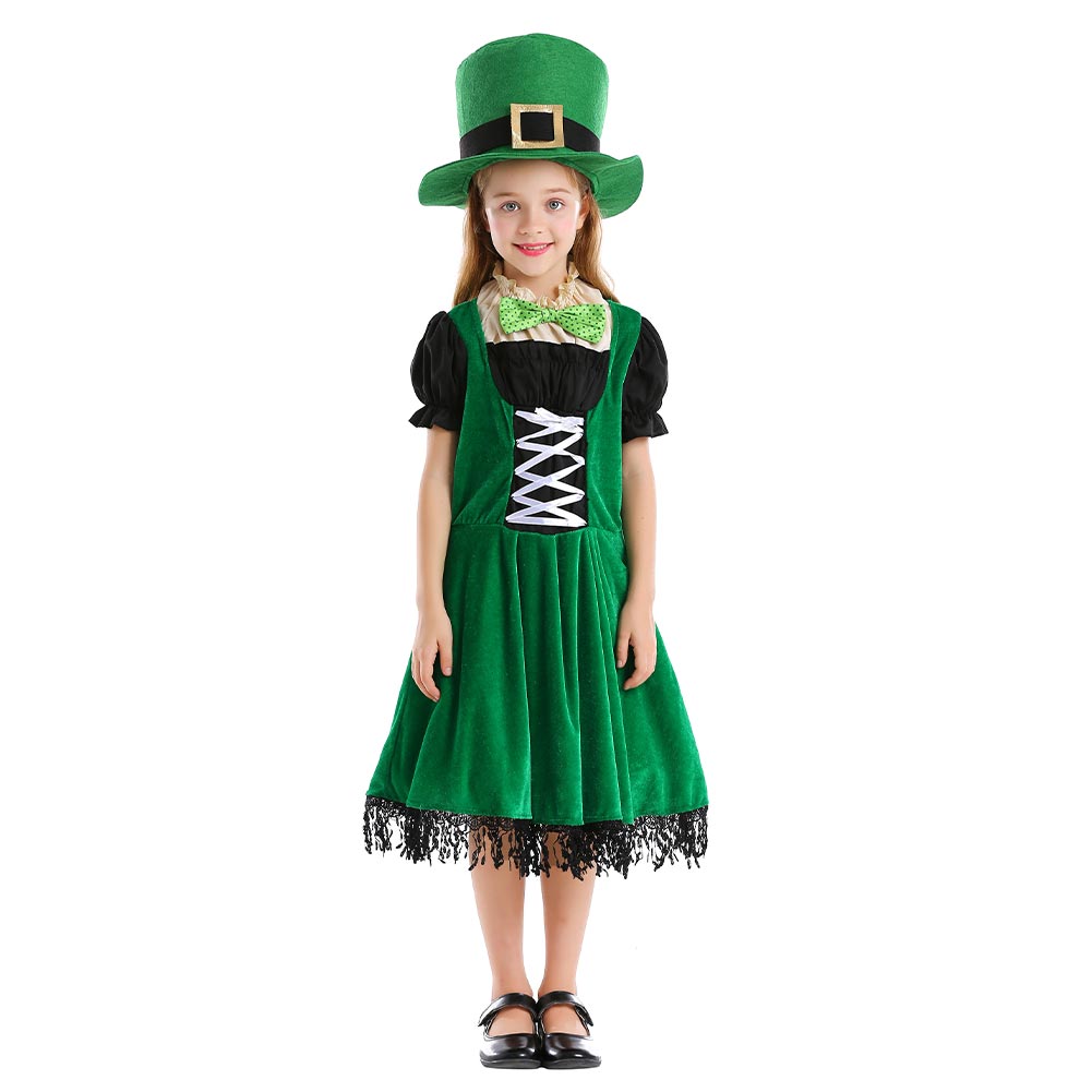 Halloween Carnaval Fille Irlandaise Saint Patrick Chapeau Robe pour Enfant Elfe