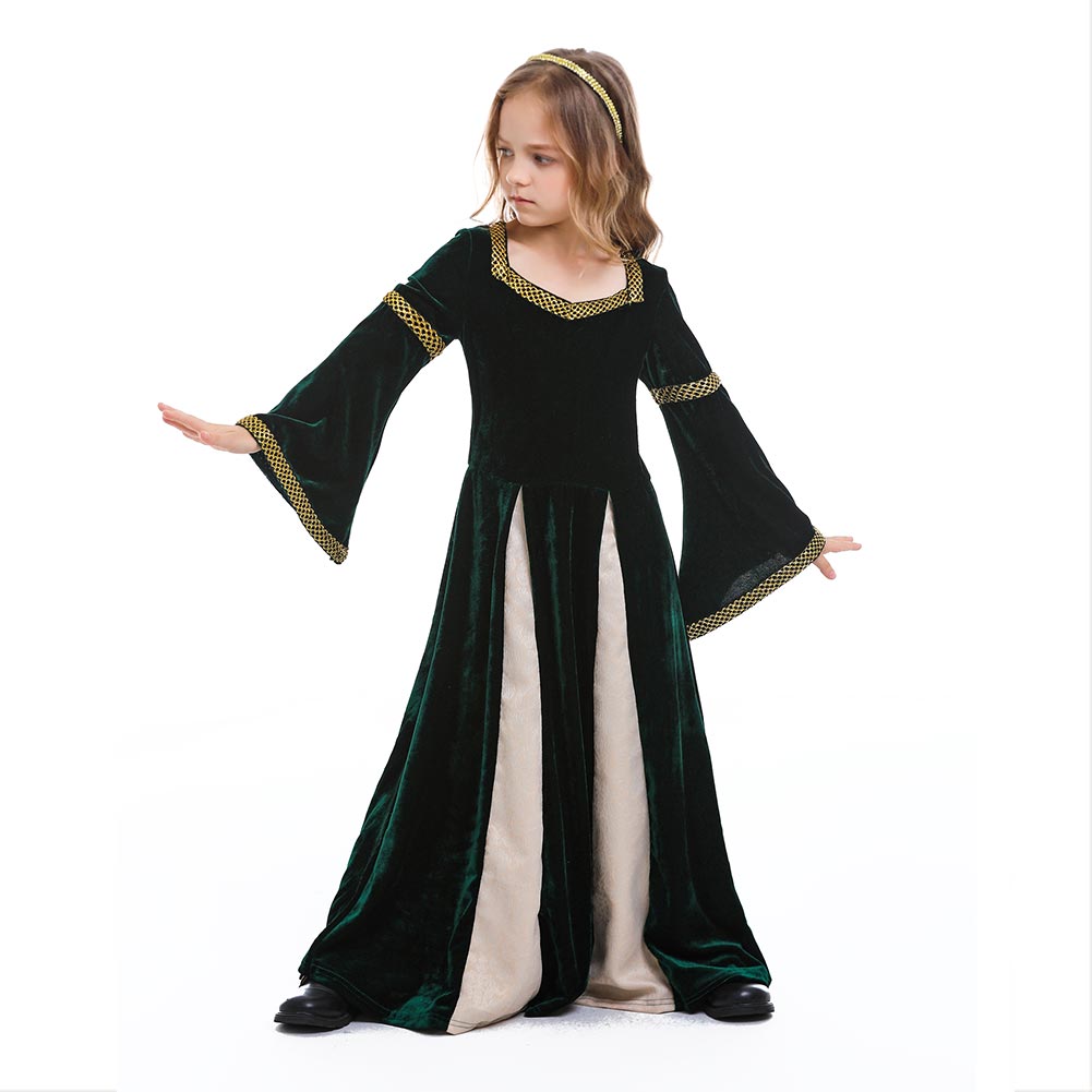 Déguisement Enfant Médiéval Fille Robe Verte Costume pour Mardi Gras